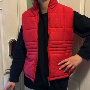 Lined red ladies vest with back pocket & adjustment cord